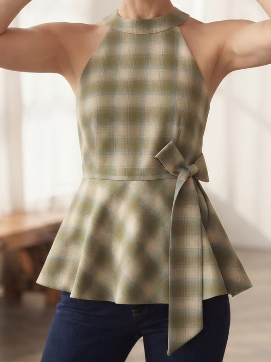 ModaFesta -elegant plaid peplum top designed with a flattering halter neckline
